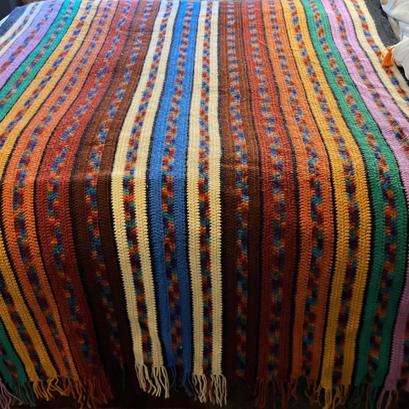 Hand Crafted Other - Vintage crochet handmade fringed afghan multicolor 1980’s or 1970’s Queen / King